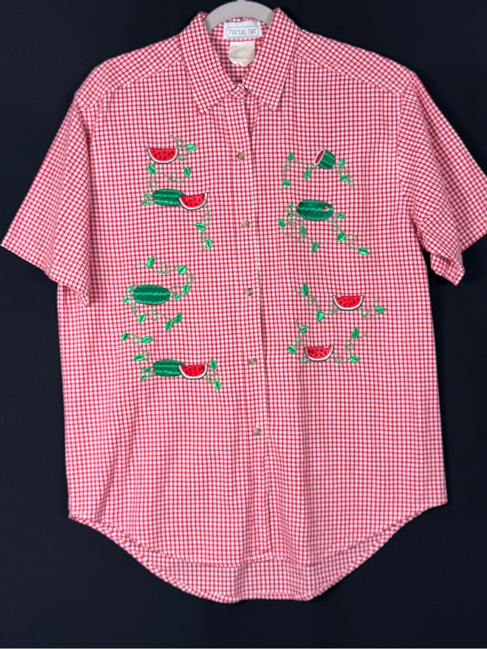 VTG Mandal Bay Embroidered Watermelon Red Gingham Button-Down Shirt Country